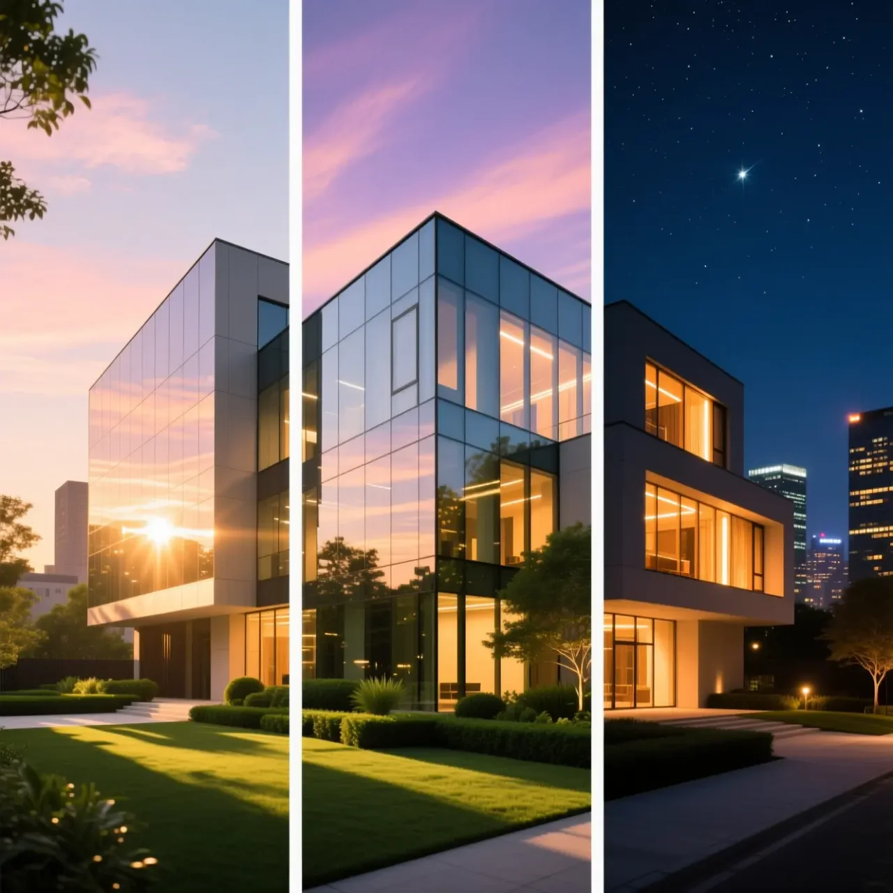 Экстерьер в дневном, вечернем и ночном освещении — возможность оценить объект в разные периоды суток
