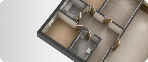 3D планировка квартиры с отделкой пола, стен и потолка
