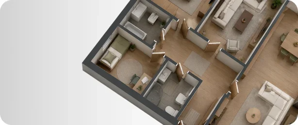 3D планировка квартиры с мебелью и зонированием