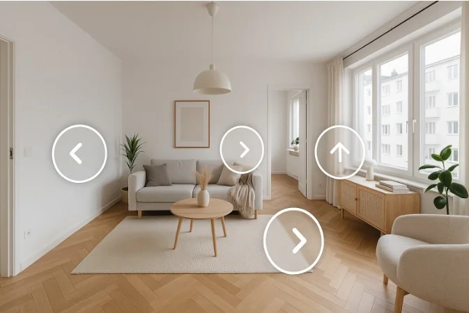 интерфейс виртуального тура 360° по светлой квартире с навигационными стрелками