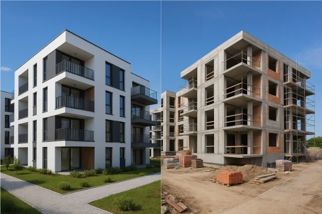 сравнение 3D-рендер-панорамы жилого комплекса и фото строящегося объекта