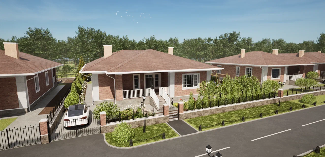 Рендер жилого комплекса с детской площадкой и парковкой