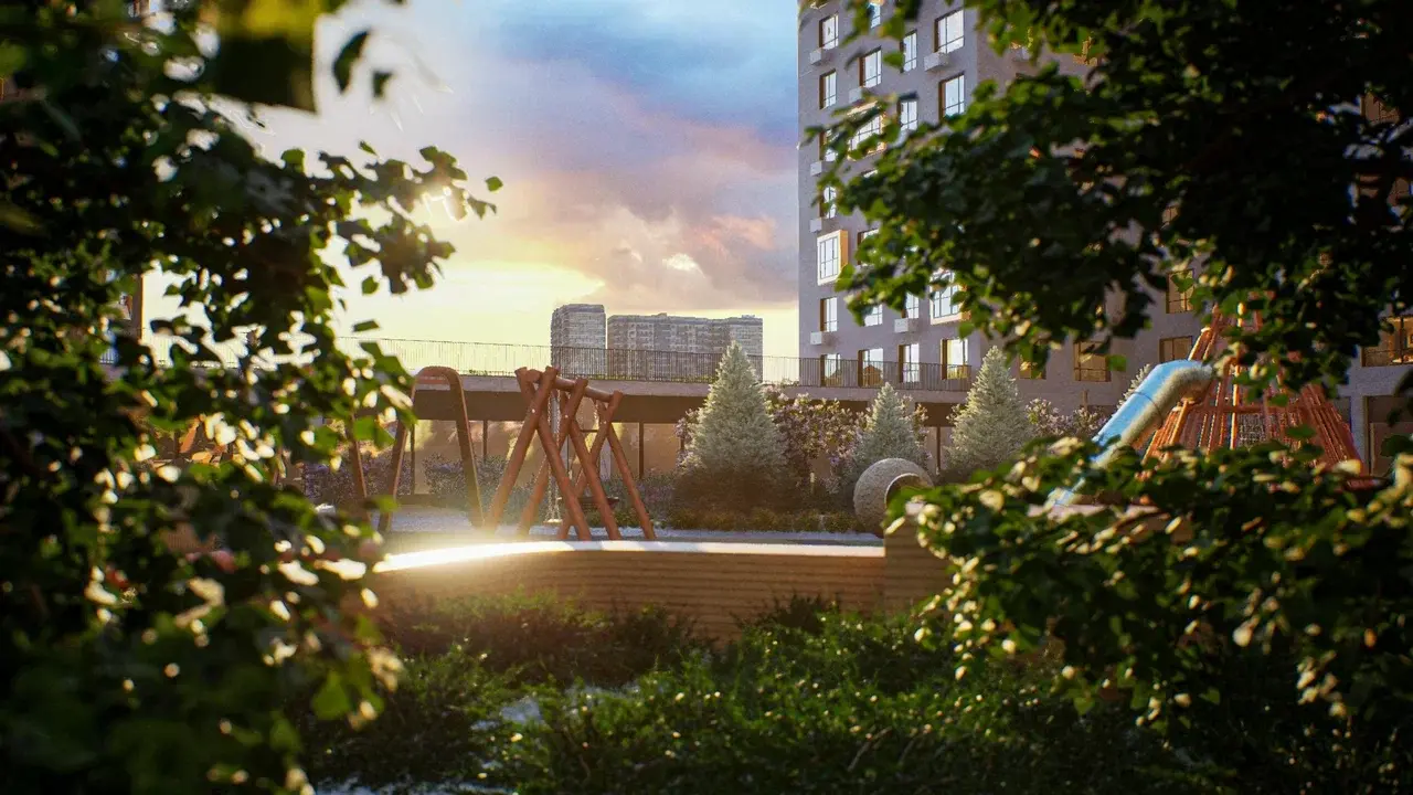 рендер жилого комплекса с детской площадкой и парковкой