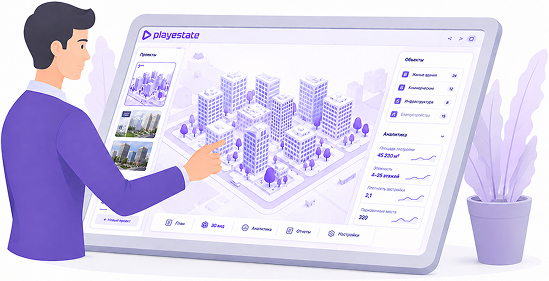 Цифровой макет на интерактивном столе в офисе продаж